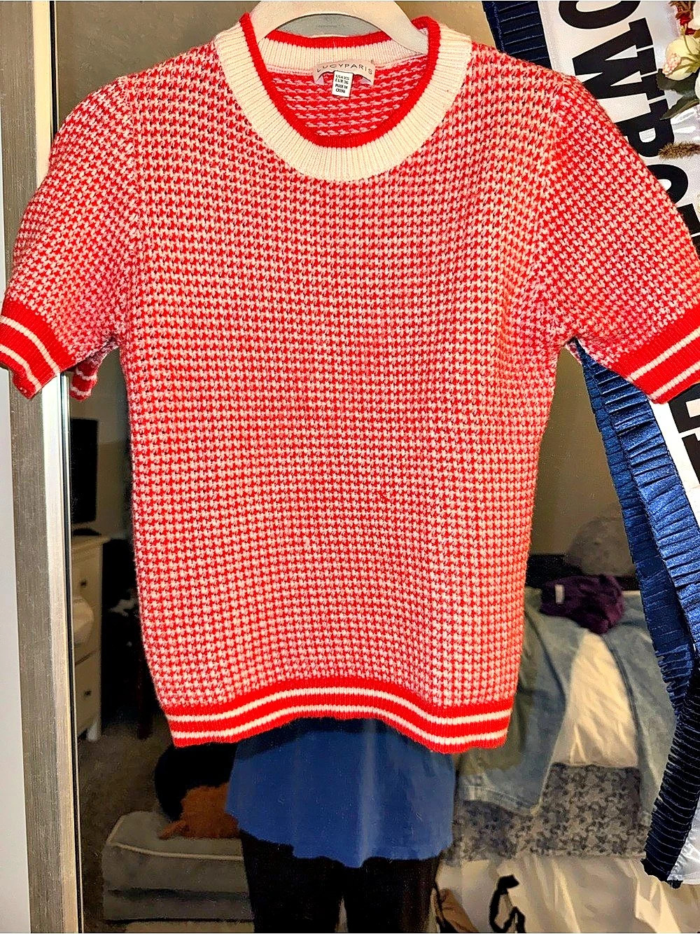 LUCY PARIS Houndstooth Short Sleeve Sweater Red & White Size XS